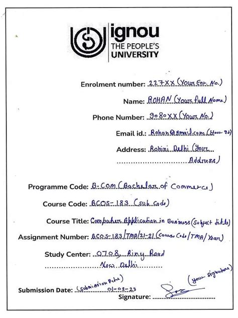 how to fill first page of ignou assignment