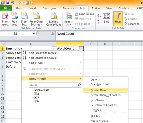 how to filter by word count in excel
