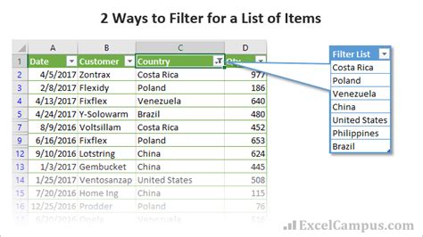how to filter data in excel using a list