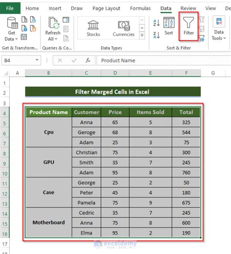 how to filter in excel with merged cells