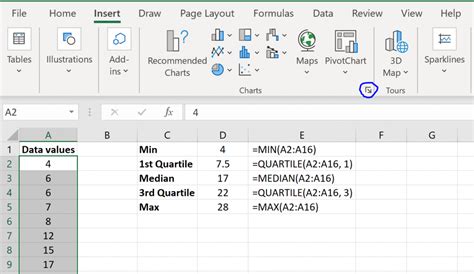 how to find 5 point summary in excel