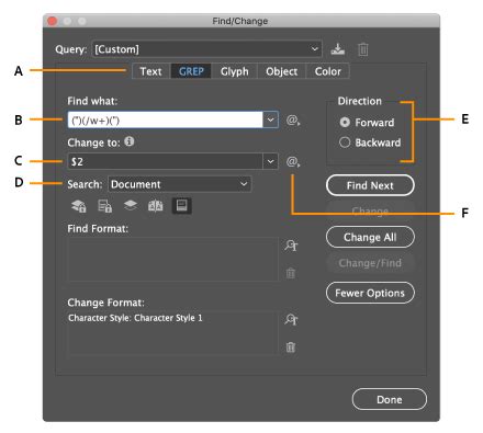 how to find and replace text in indesign