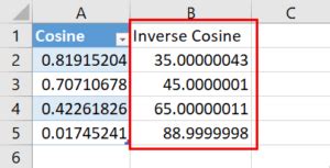 how to find cos inverse in excel