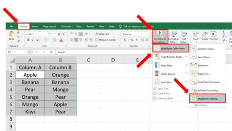 how to find duplicates in excel in two columns