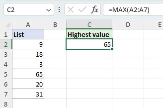 how to find highest value in excel formula