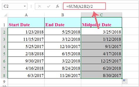 how to find midpoint of two numbers in excel