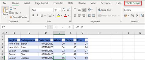 how to find table design in excel