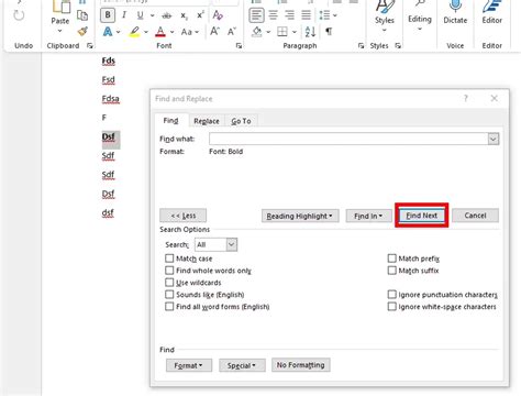 how to find text formatted in bold in word
