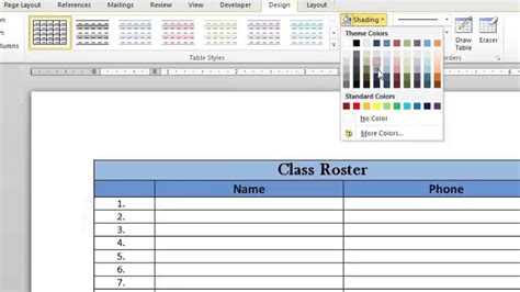 how to find the color of a table in word