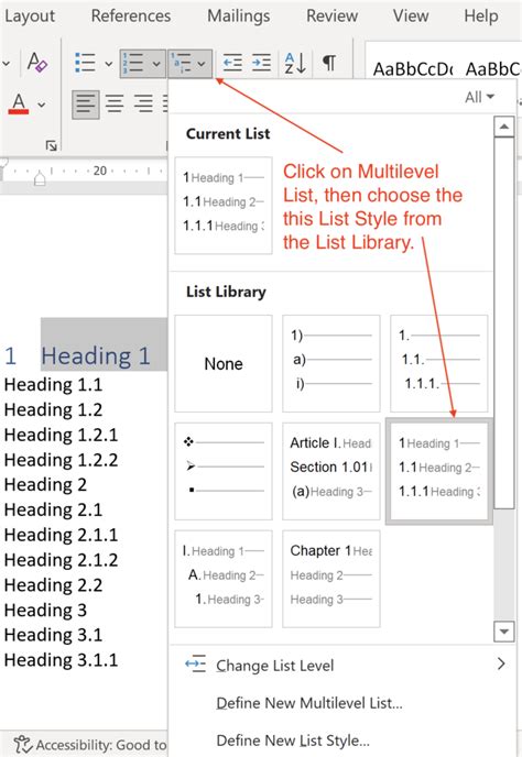 how to fix multilevel numbering in word