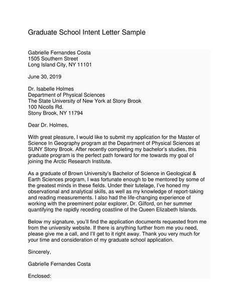 how to format a letter of intent for graduate school