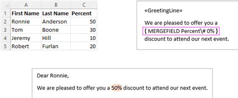 how to format a mail merge field in word to percentage