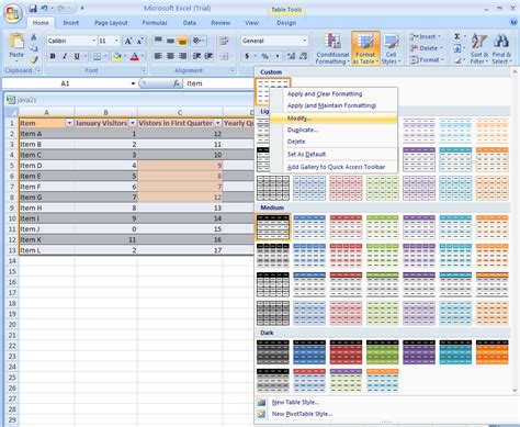 how to format existing table in excel