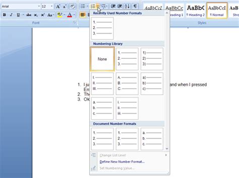 how to format numbering in word