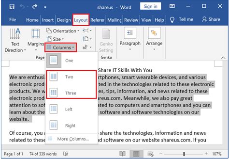 how to format paragraphs into columns in word