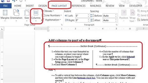 how to format selected text into two columns in word