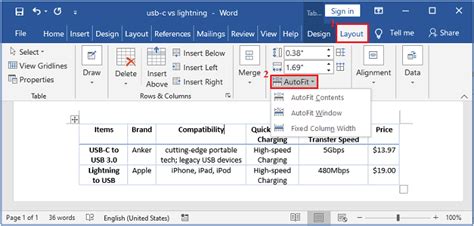 how to format table columns using autofit in word