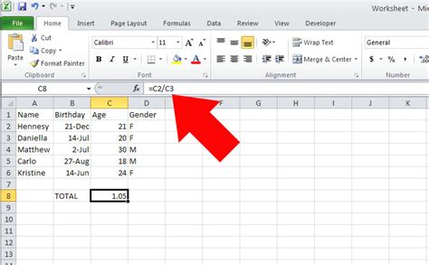 how to formulate division in excel
