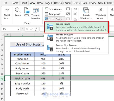 how to freeze table in excel shortcut key