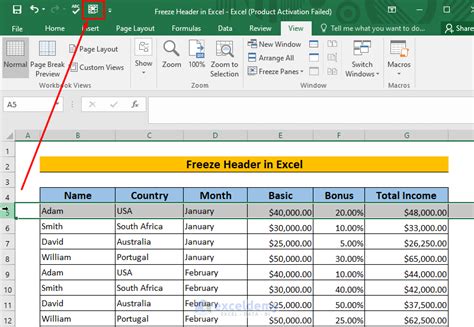 how to freeze top header row in excel