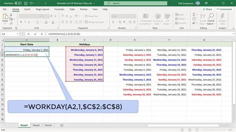 how to generate a list of business days in excel