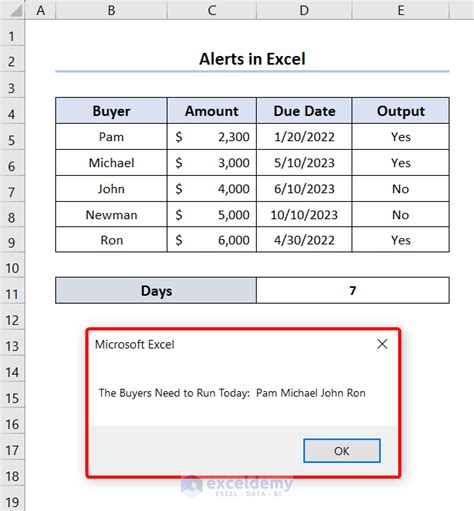 how to get alert message in excel