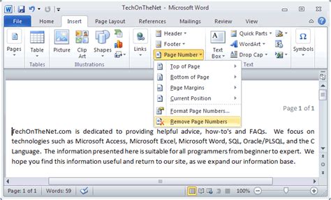 how to get rid of page numbers in word
