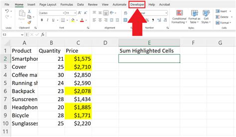 how to get sum of highlighted cells in excel