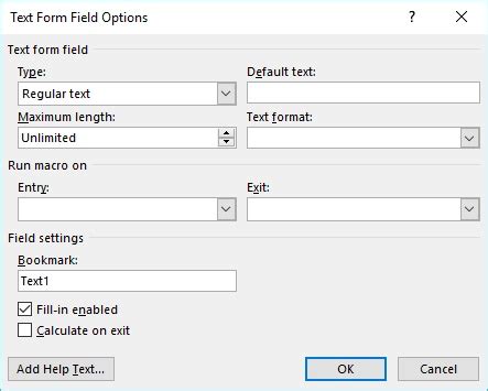 how to get text form field options in word