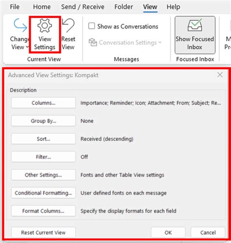 how to get to advanced view settings in outlook