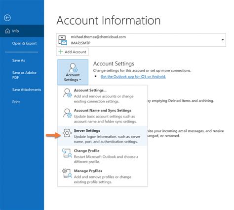 how to get to server settings in outlook