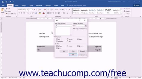 how to get to the tabs dialog box in word