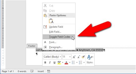 how to get toggle field codes in word
