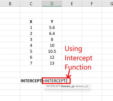 how to get x intercept in excel