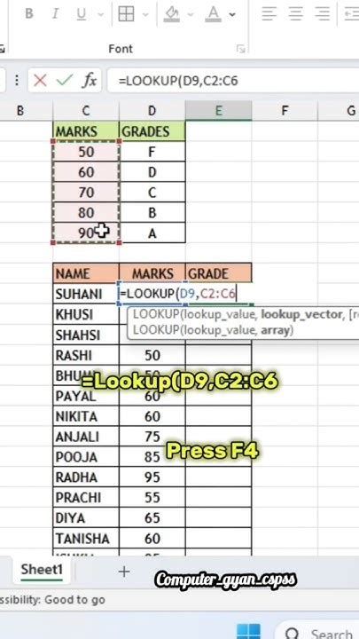 how to give grade in excel according to marks