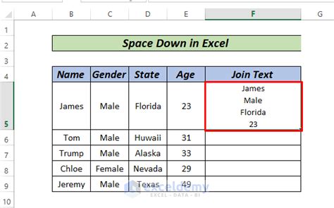how to go down a space in excel
