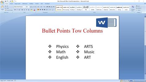 how to have two columns of bullets in word