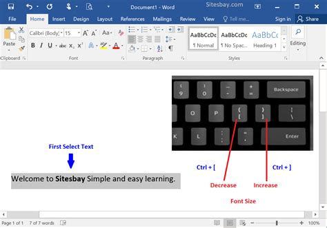 how to increase font size in word doc