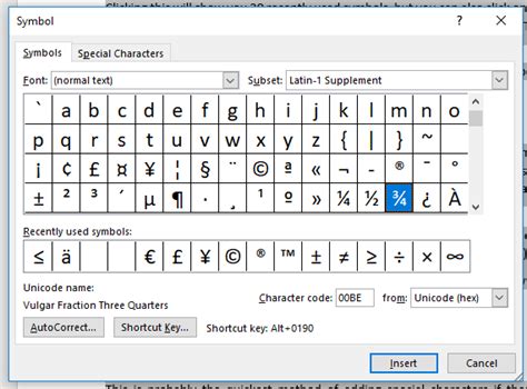 how to input special characters in word