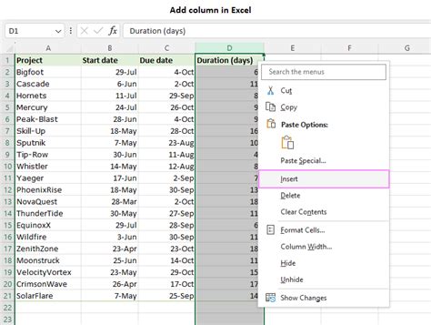 how to insert a column in excel shortcut mac
