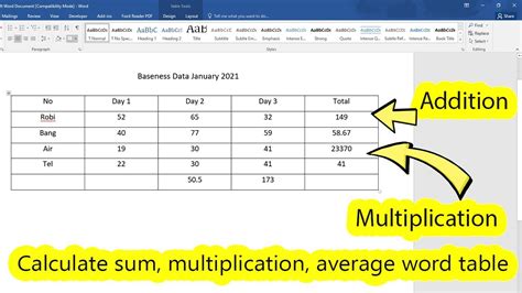 how to insert a multiplication formula in word table