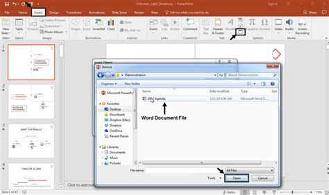 how to insert a powerpoint presentation into a word document on mac