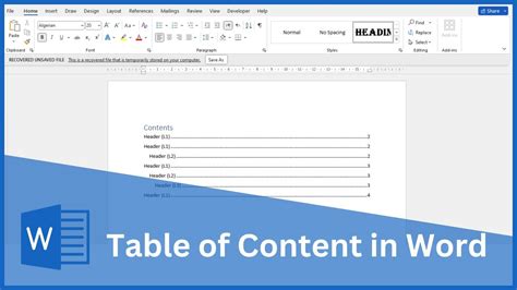 how to insert a simple table of contents in word