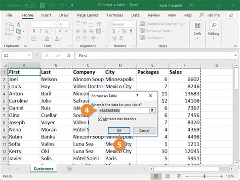 how to insert a table in excel