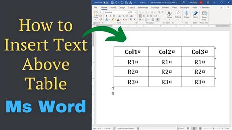 how to insert a text line above a table in word