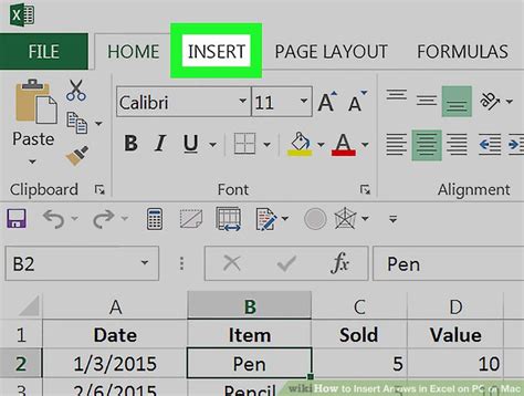 how to insert arrow button in excel