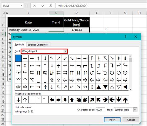 how to insert arrow symbol in excel