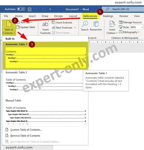 how to insert automatic table 2 table of contents in word