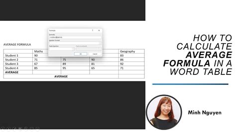 how to insert average formula in word table