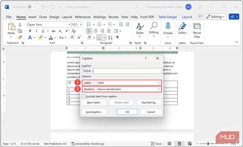 how to insert caption for all tables in word